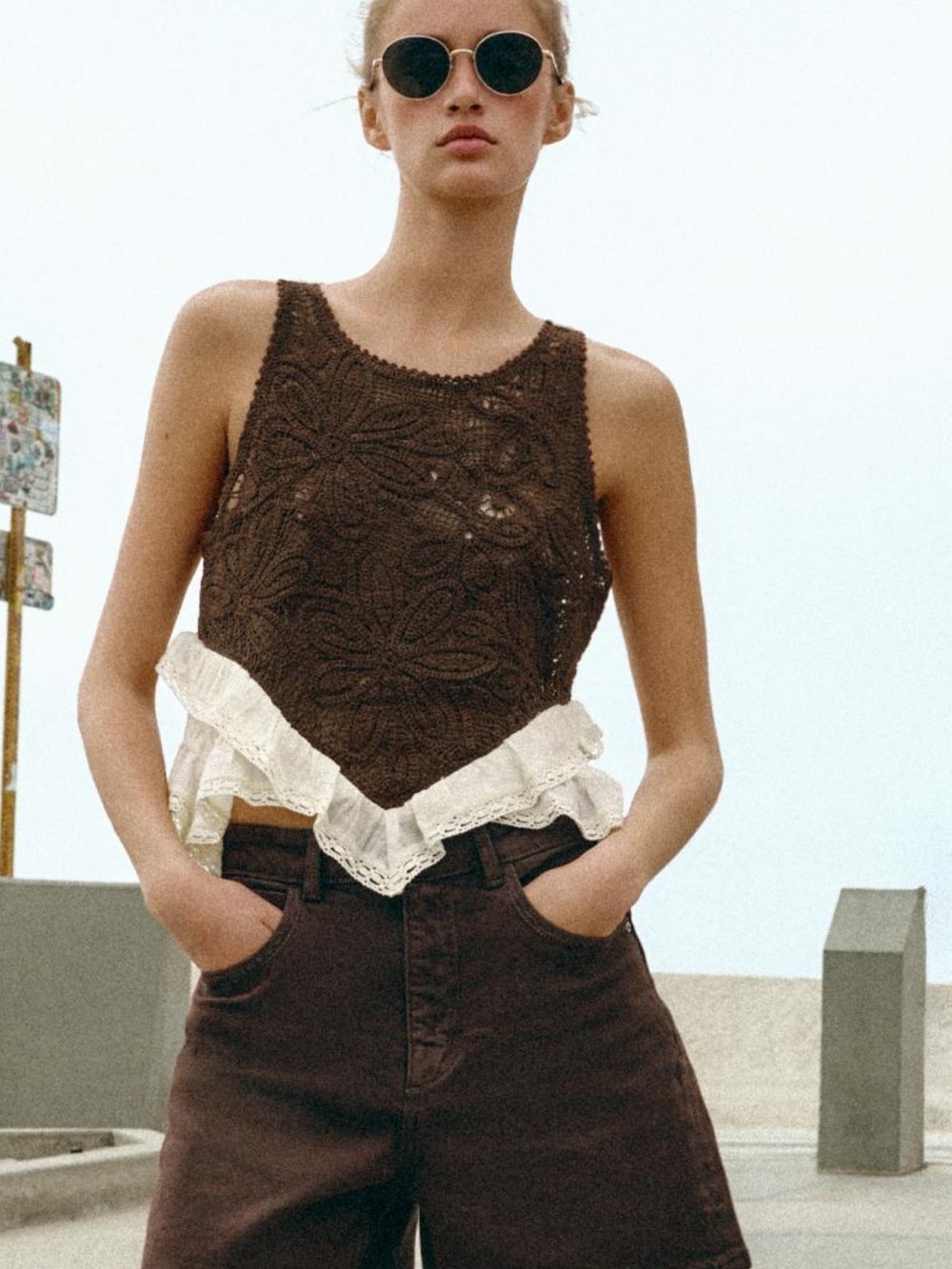Zara Brown Crochet Lace Trim Tank Top with Cream Ruffle